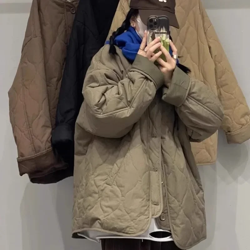 

Vintage Quilted Warm Cotton Coat Pockets Jacket Women's Loose Lightweight Long Sleeve Single Breasted Design Streetwear Tops