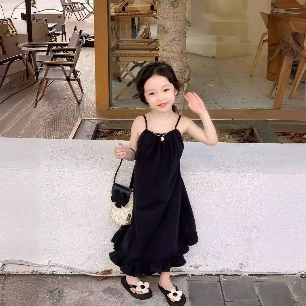 Girls Dress Korea 2024 Summer New Solid Color Sundresses Vacation Backless Sexy Spicy Girl Baby Fashion Kids Summer Clothes