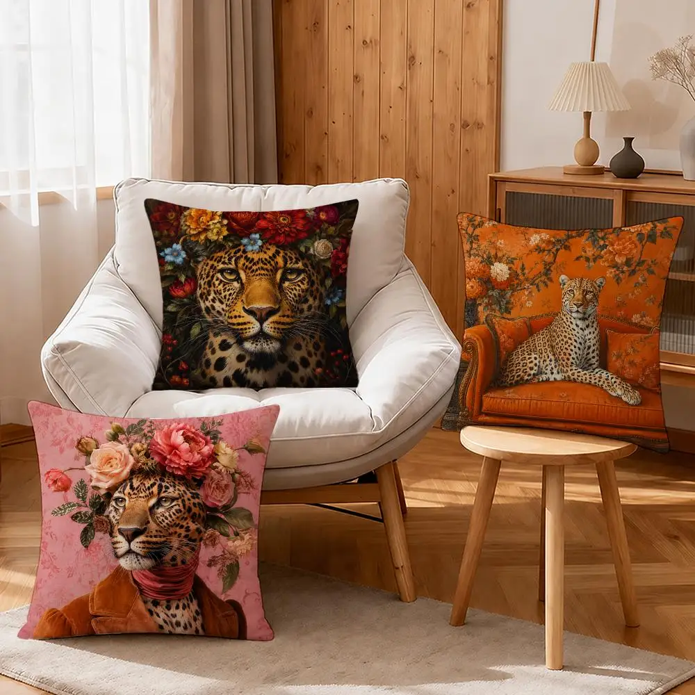 Art Elegant Cheetah in Orange Chinoiserie Cushion Cover Linen Anti-Mite Antibacterial Cushion Cover Invisible Zipper Sofa Decor