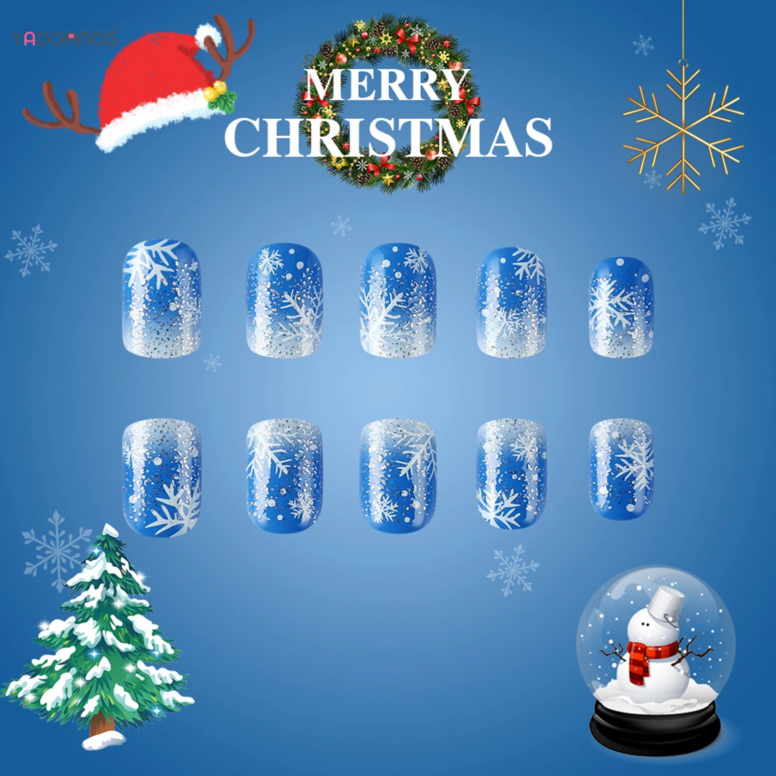 Uñas postizas navideñas de Color azul degradado, estampado de copos de nieve blancos, abalorios de cabeza cuadrada corta, manicura para mujer, fiesta de Navidad, 24 Uds.