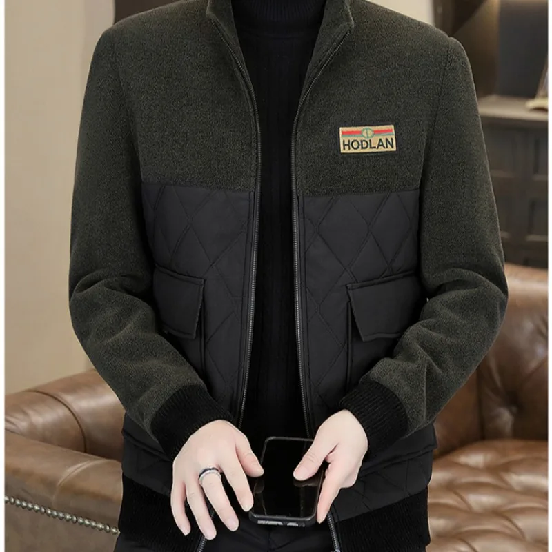 Chaqueta de lana corta empalmada con cuello levantado para hombre, gabardina informal gruesa y cálida, abrigos de mezcla, ropa de calle Social de negocios, ligera, de lujo