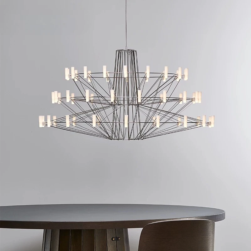 Artistic Wire Frame LED Chandelier Modern Multi Layer Geometric Pendant Light Silver Metal Hanging Lamp with White Tube Lights