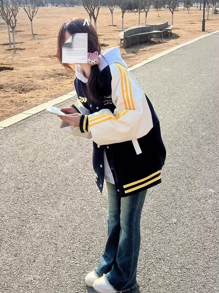 

Baseball Jackets Korean Womens Campus Rib Premium Baseball-Uniform Long-Sleeved Fleeced Varsity Splice Fishing Cinching Pleated