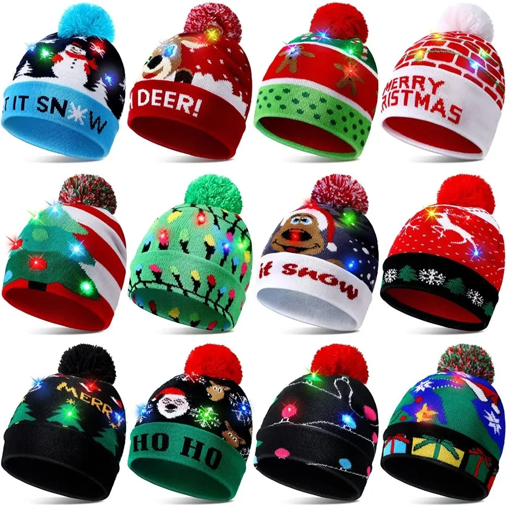 LED Christmas Knitted Hat Light Up Xmas Beanie Cap Unisex Winter Beanie Sweater Hat with Colorful LEDs for Christmas New Year