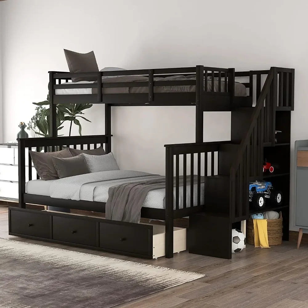 

Bunk Bed ,with Stairs, with Storage Drawers and Shelves, No Box Spring Needed, Wood Bunk Bed Frame