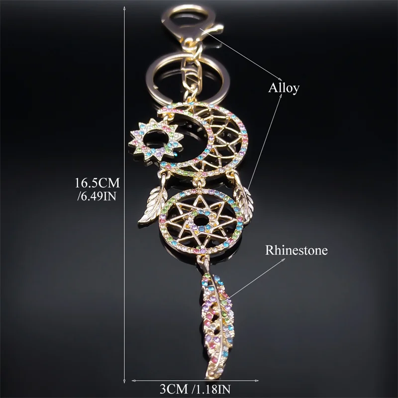 Moon Sun Pink Dream Feather Catcher Key Chain for Women Rhinestone Metal Gold Color Dreamcatcher Keychain Gift Jewelry K9215S01