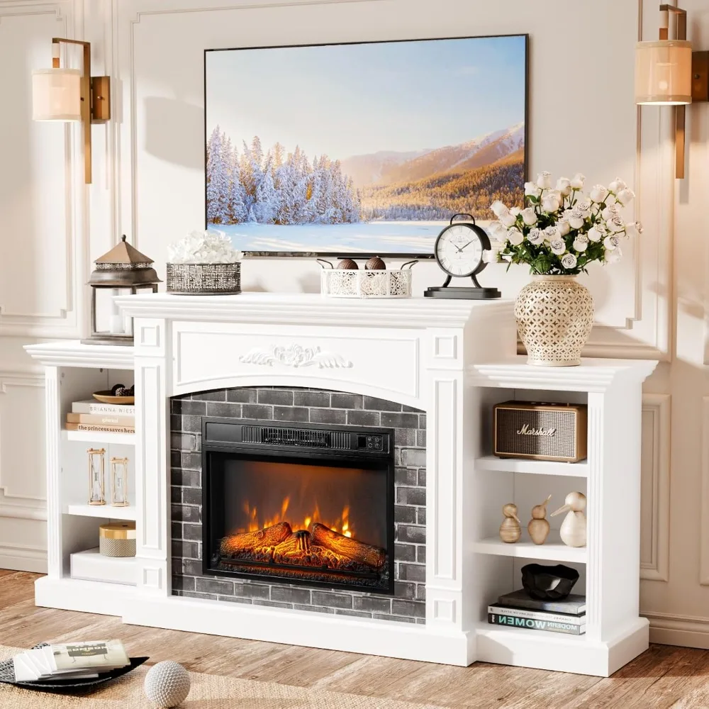 70'' Electric Fireplace with Mantel, for TVs Up to 90'', with Storage ＆ Adjustable Shelves for Living Room, Shined White