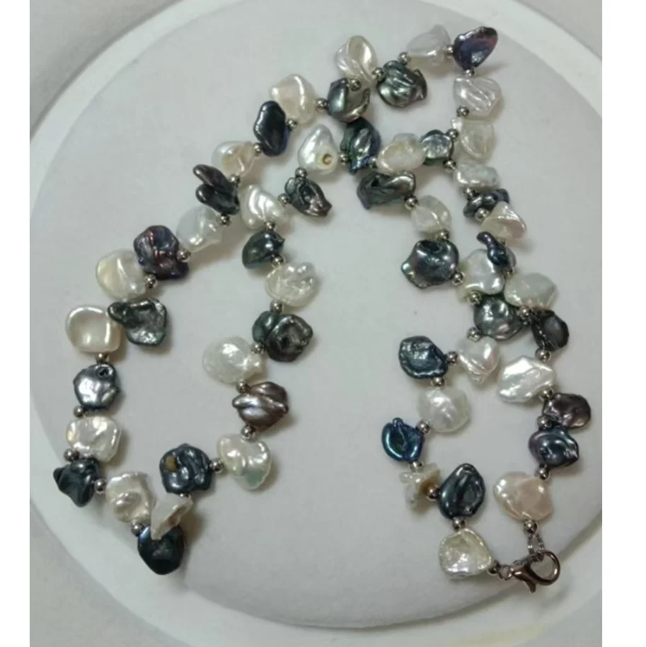 

NEW 17"GENUINE NATURAL CULTURED WHITE + BLACK BAROQUE PEARL NECKLACE