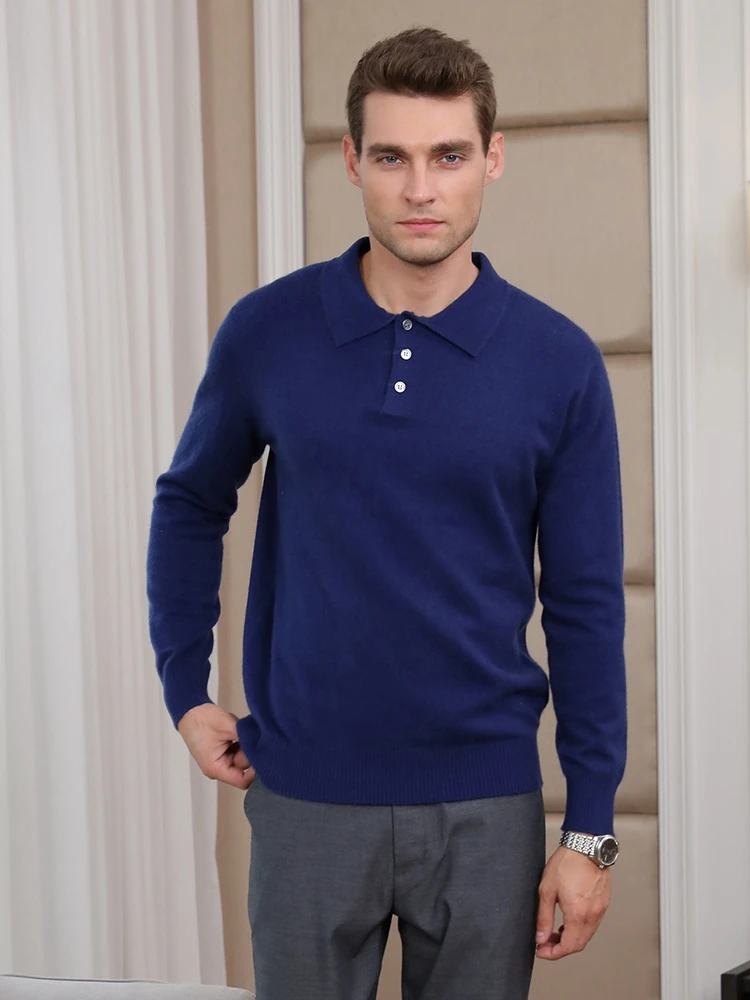 جديد الرجال بولو طوق سترة الكشمير الصلبة 3 أزرار البلوفرات الخريف الشتاء 100% الكشمير تريكو الذكية قميص غير رسمي الملابس