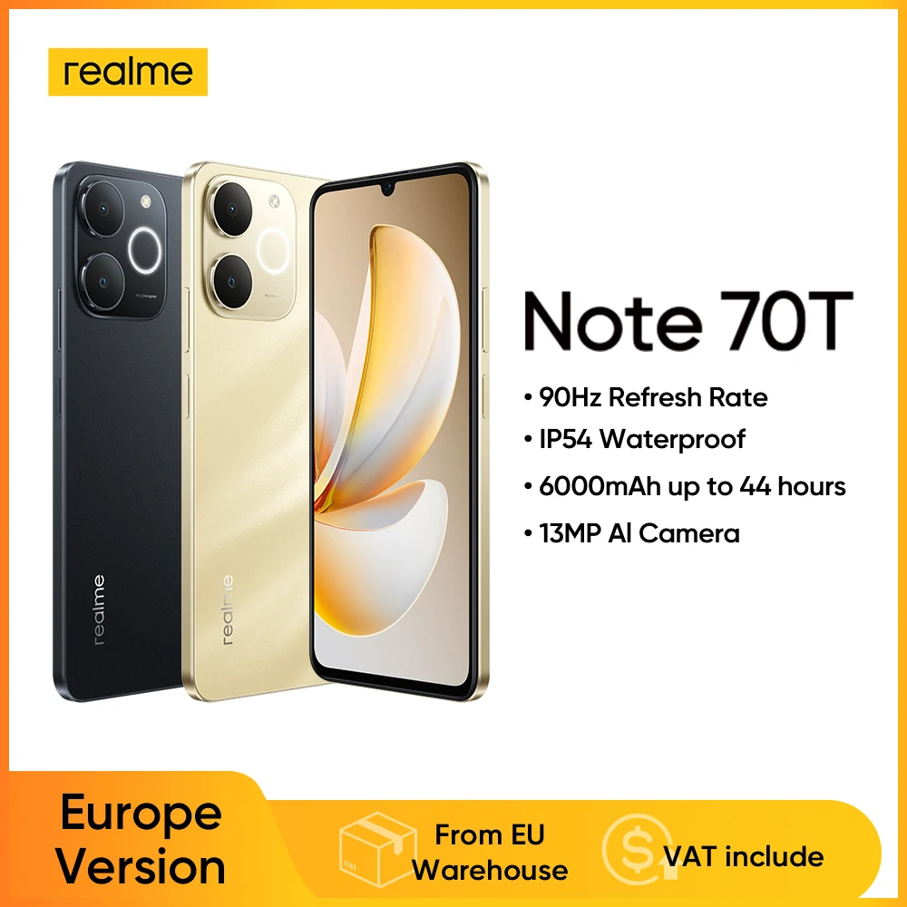 Smartphone realme Note 70T AI, version globale, �cran 6,75 pouces 90 Hz, batterie 6000 mAh, appareil photo IA 13 MP, chipset octa-core, IP54