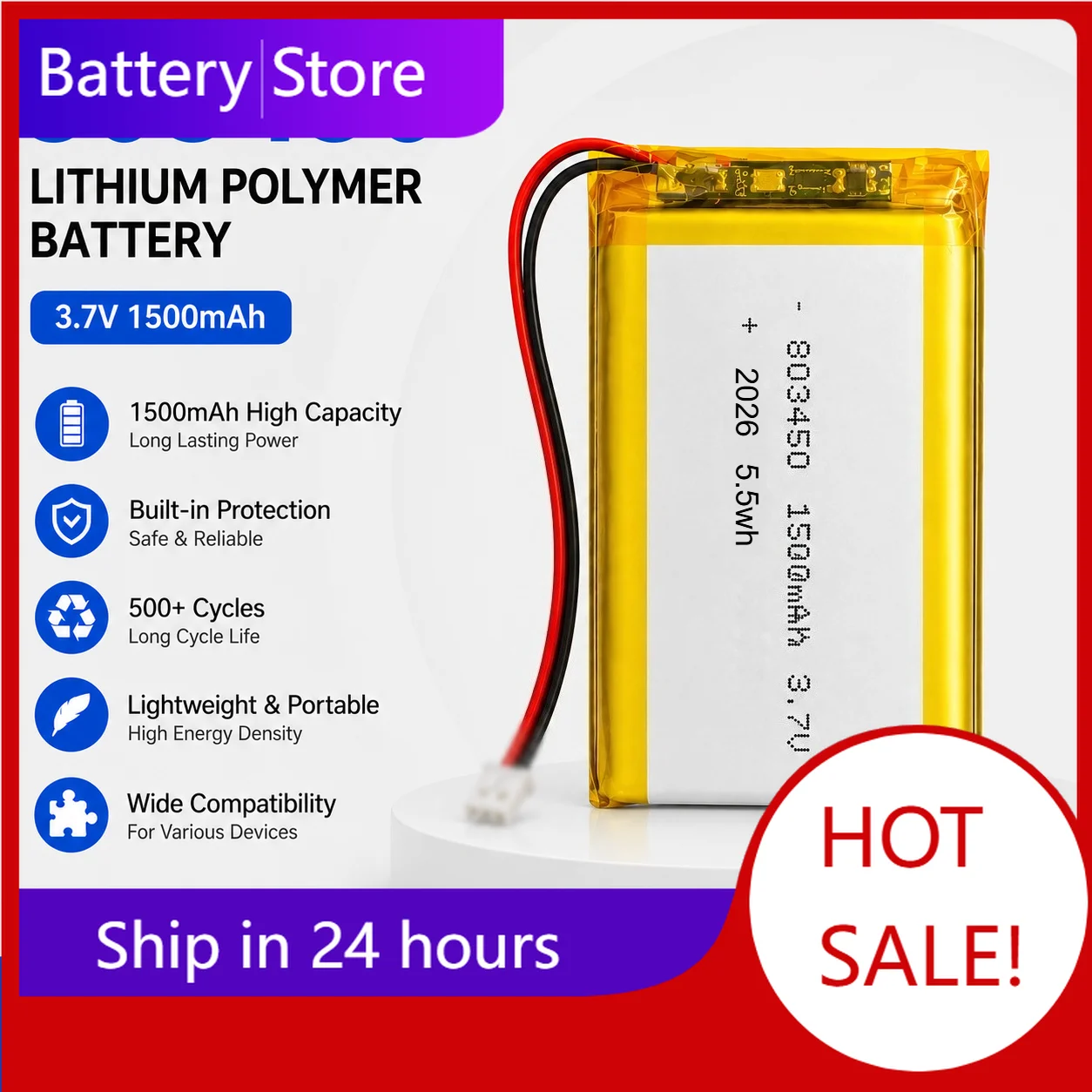 803450 3.7V 1500mAh LiPo Battery Rechargeable Lithium Polymer Battery with PH2.0 Plug for GPS Camera Bluetooth Headset MP5