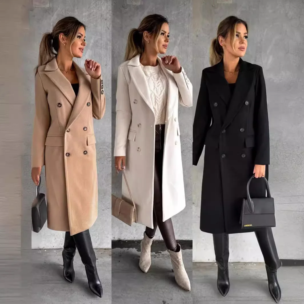 Autumn Winter Women's Woolen Coat Long Sleeve Double Button Simple Style Casual Korean Fashion Straight Cut Medium Thickness
