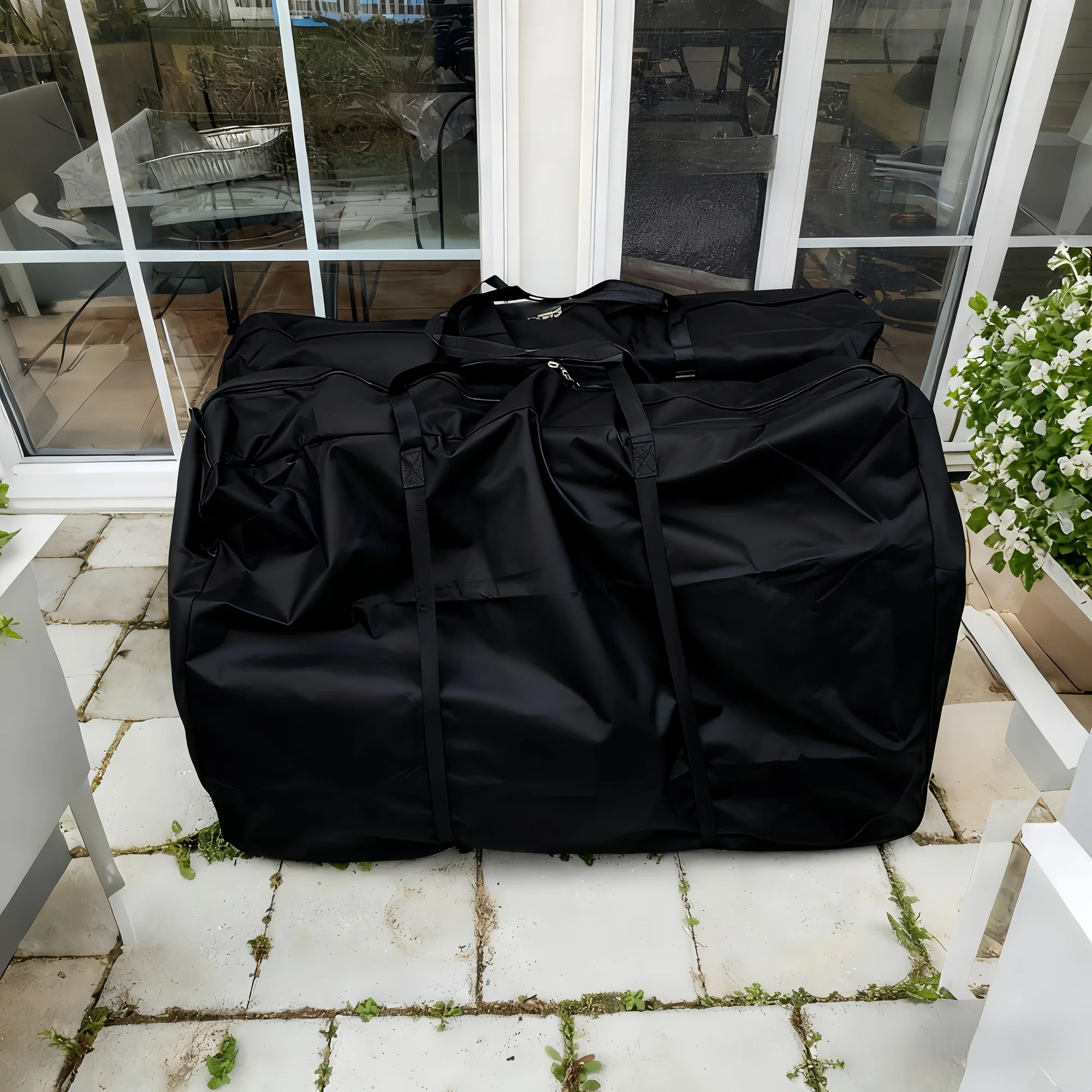 420D Oxford-Stoff Tragbarer Klapptisch mit verstärktem Griff, großer Mehrzweck-Picknickkissen-Beutel, Schwarz-Grau Farboption – Detail 1