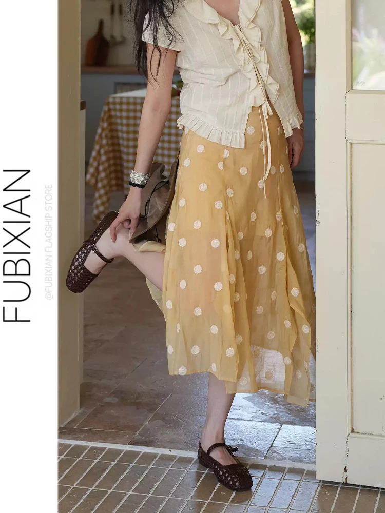 Summer Design Salted Cheese Artistic Dot Half Skirt Women's Uneven Yellow Transparent Asymmetrical  Skirt High Waist A-Line