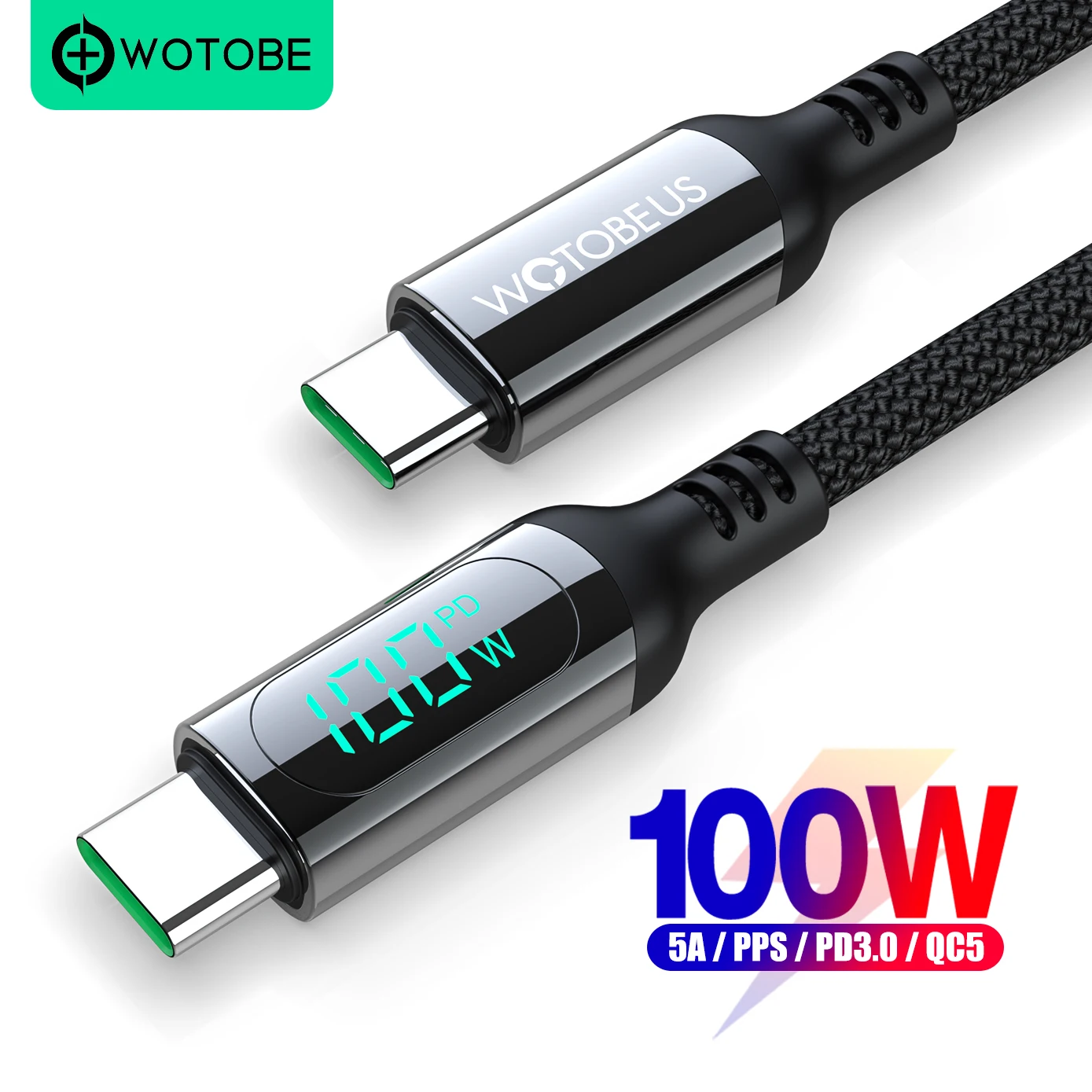 USB C to USB C Cable 100W, WOTOBE LED Display Type-C 5A E-Mark Fast Charging Nylon Braided Cord for Samsung ThinkPad YOGA laptop