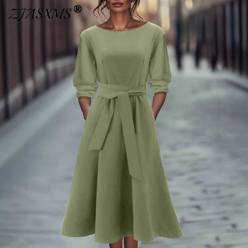 Abiti da festa con lacci a vita alta solidi alla moda semplice Donna Elegante abito a trapezio con tasca o collo Abito lungo Boho con maniche a 3/4 autunnali