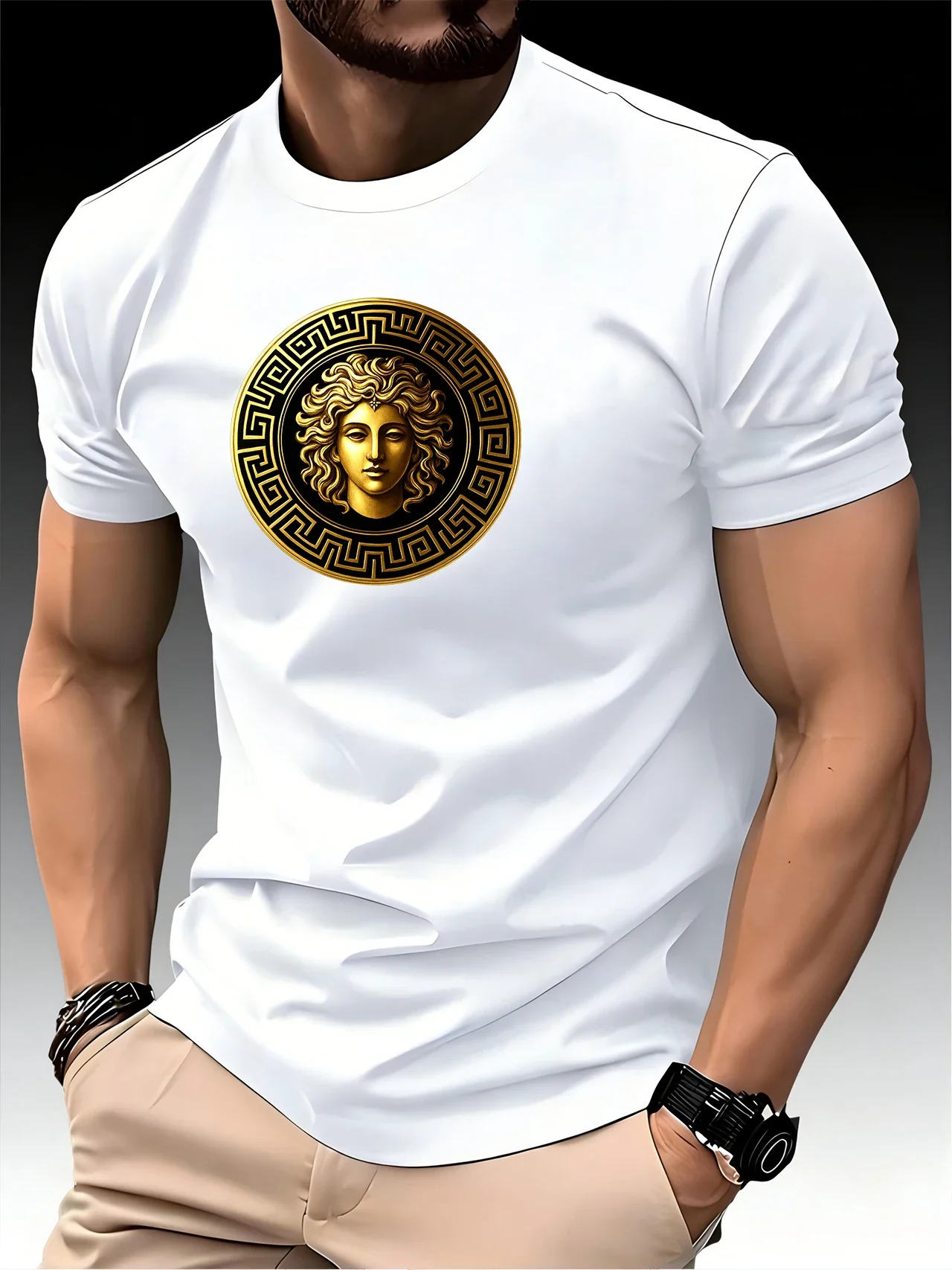 Men's Round Neck Running T-shirt Art Printed Quick Drying Short Sleeved Fitness Sweatshirt, Suitable for Summer Wear