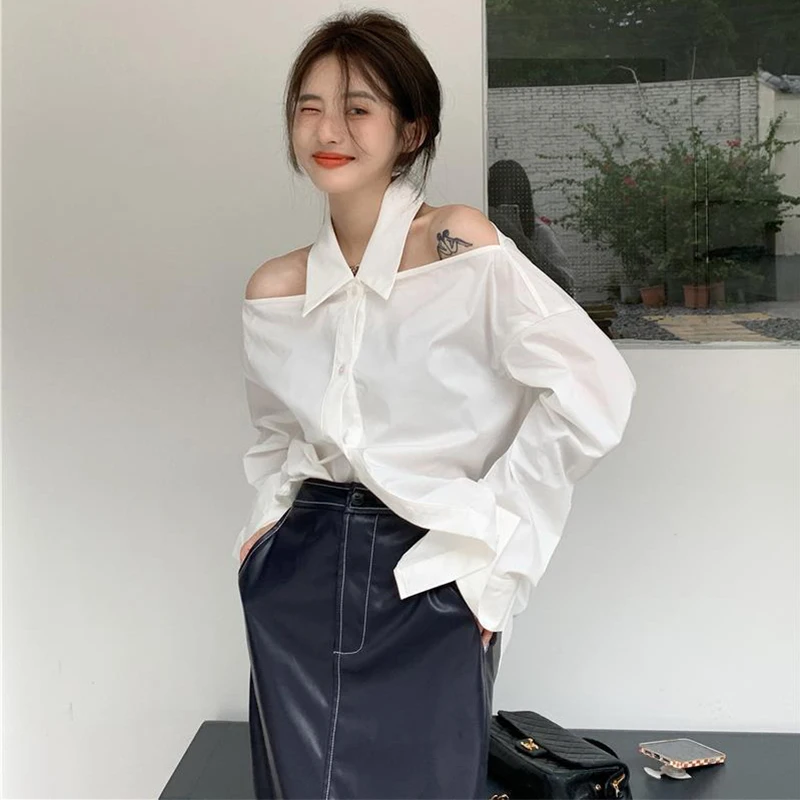 

MEXZT Y2K White Shirts Women Streetwear Sexy Halter Hollow Out Long Sleeve Blouse Korean Lady Elegant Off Shoulder Loose Tops