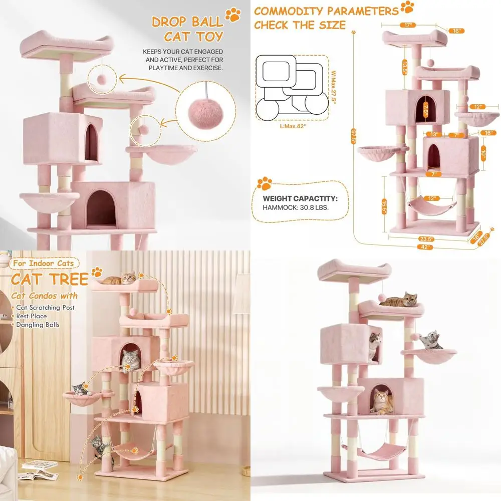 

Multi-Level Cat Tower with Scratching Posts, Hammocks, Perch, and Dangling Ball - Pink