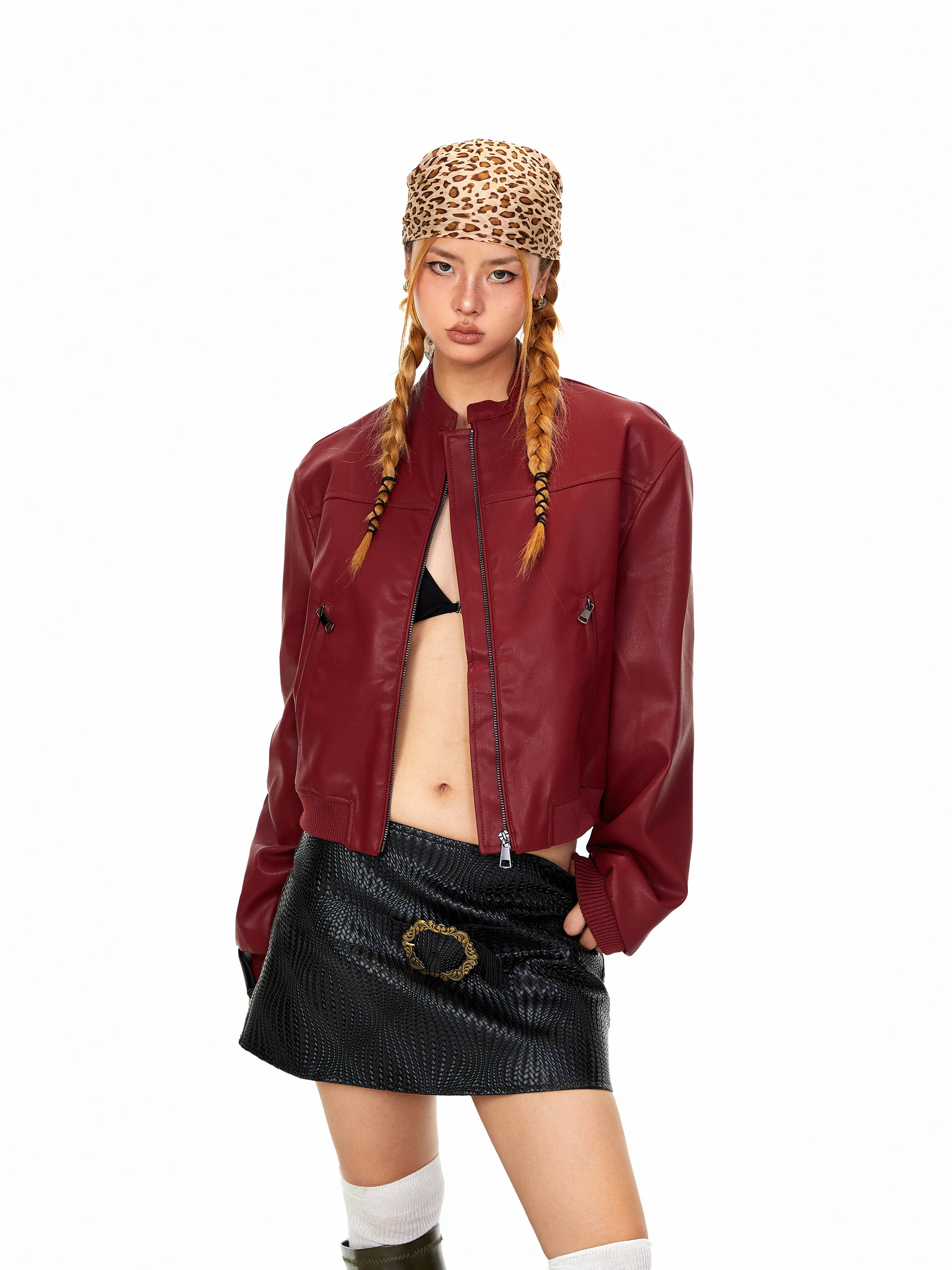 Blabb Roter Bla-Stehkragen PU-Leder Langarm-Jacke für Damen, Herbst-Neuheit im American Hot Girl Stil, Lockerer Kurzmantel