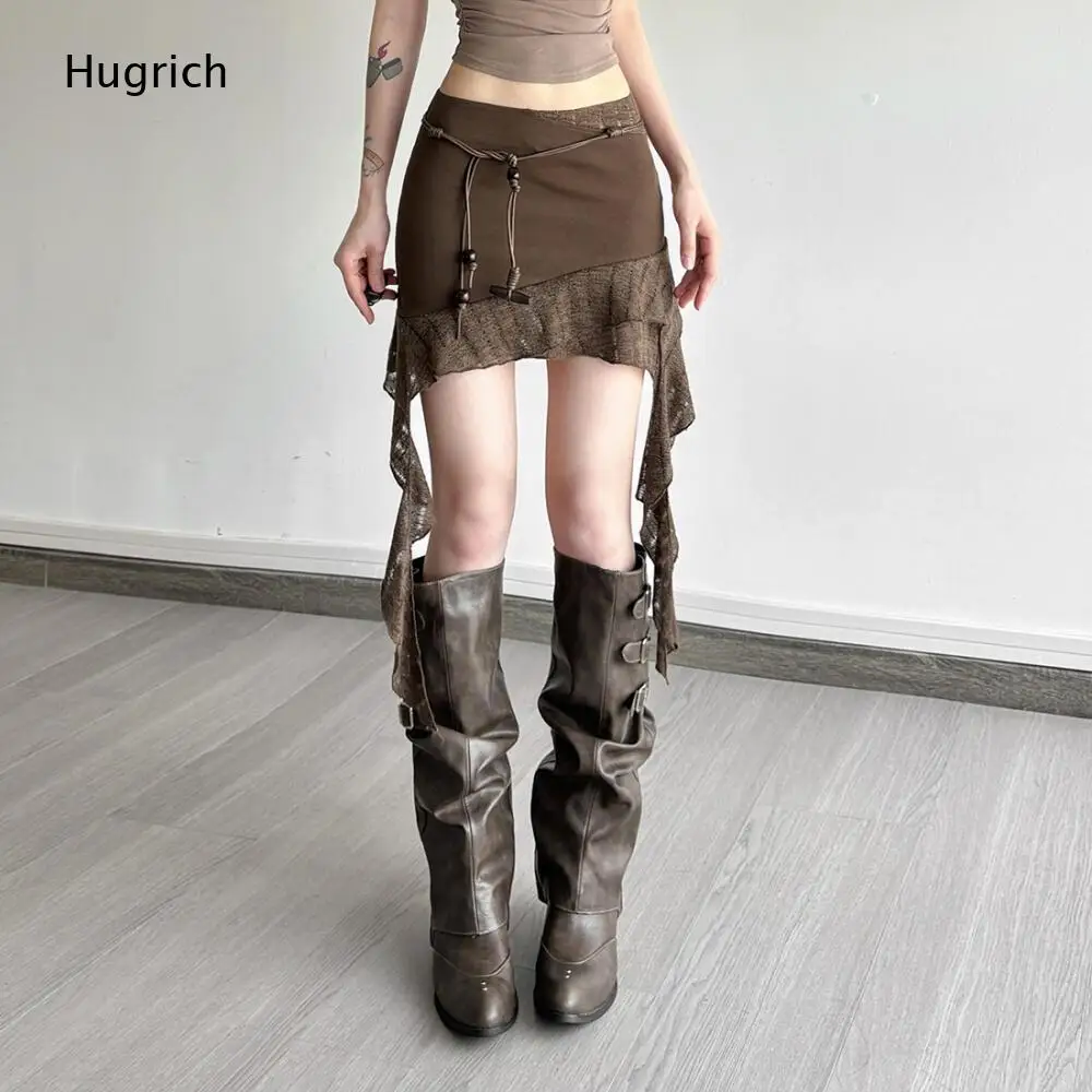 Bead Tie Waistband Irregular Draped Mesh Skirt Women Brown High Waist Slim Asymmetric Hem Casual Mini Short Skirt