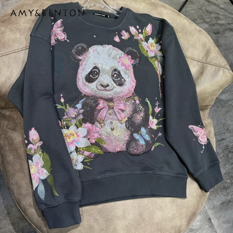 Panda Crew Neck Bottom Shirt Long Sleeves Hoodies Flower New Chinese Design Personality Heavy Industry Diamond Drills Sweatshirt