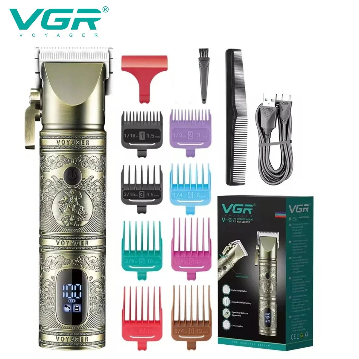 VGR Hair Trimmer Electric Hair Cut Machine Professional Cordless Hair Trimmers Adjustable Clippers Metal Trimmer for Men V-697