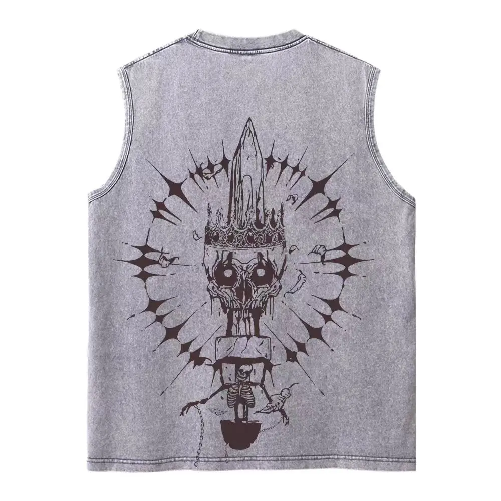 Harajuku Retro Sleeveless T-Shirts Streetwear Vintage Washed Anime One Piece Graphic Print Men Vest Tops Tees Retro Oversize