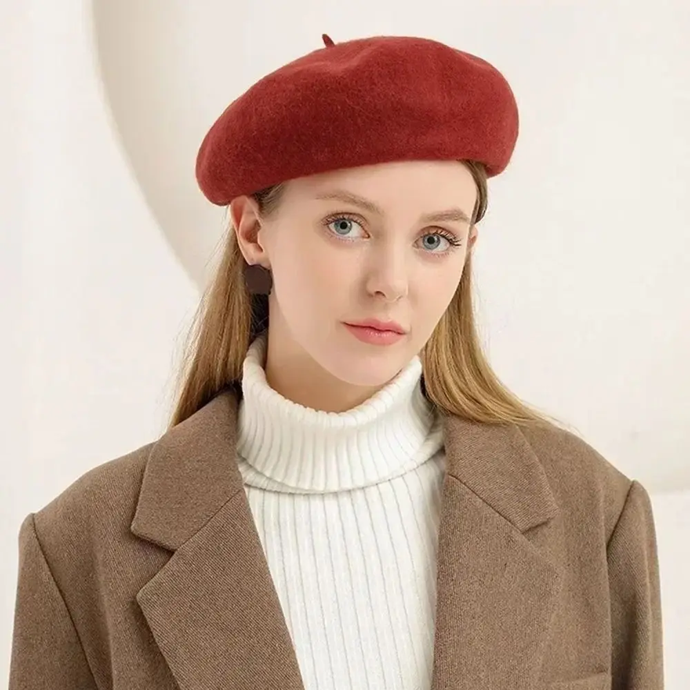 Autumn Winter Warm Wool Berets Hat Solid Color Retro Plain C