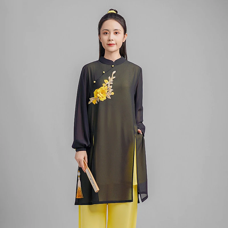 Custom Embroidered Tai Chi Suit for Women – Yellow Flower Design, Black Pearl Chiffon Top &Yellow Pants, New Chinese Style Spri