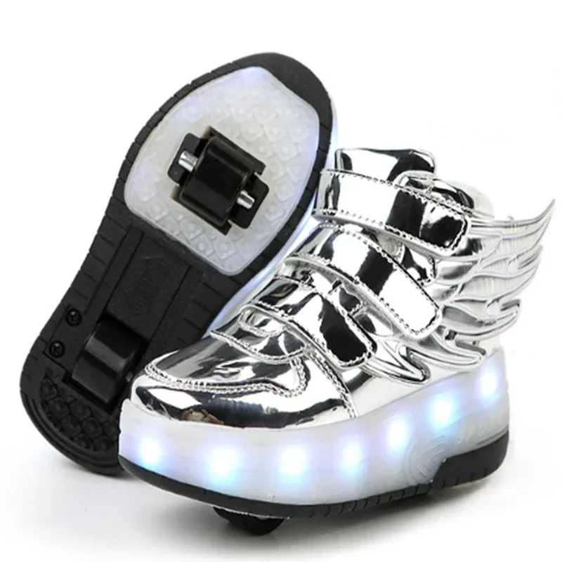 New Boys Girls LED Light Luminous Shoes Jazzy Children Roller Skate Shoes With Wheels Kids Junior Toddler Glowing Wings Sneakers