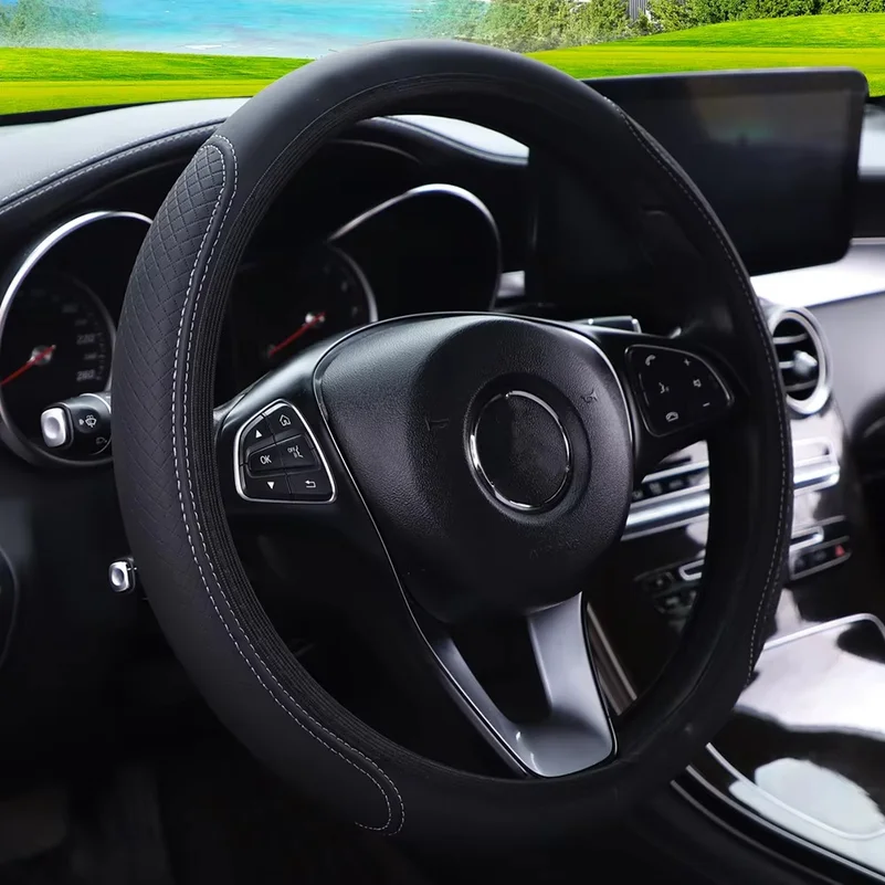 New PU Leather Embossed Three-Dimensional Elastic Steering Wheel Cover for Cars, Suitable for All Seasons, Automotive Accessorie