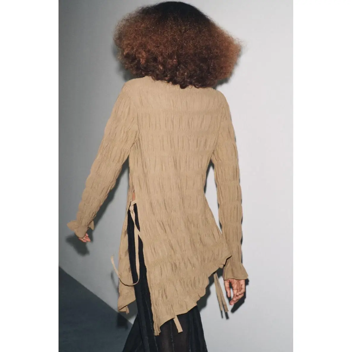 Faionable Gestrickte Lange Sve Runde Ne Plissee Damen Top Mit Gürtel Lässig Lose Polyester Faser Atmungsaktiv Bequem