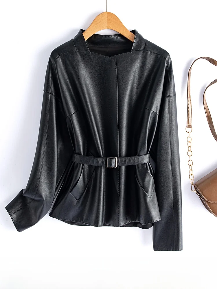

Ning Genuine Leather Jaet Women's ort Waist Cinched 2024 Spring Autumn New Loose Belted eepskin Jaet Slimming S...