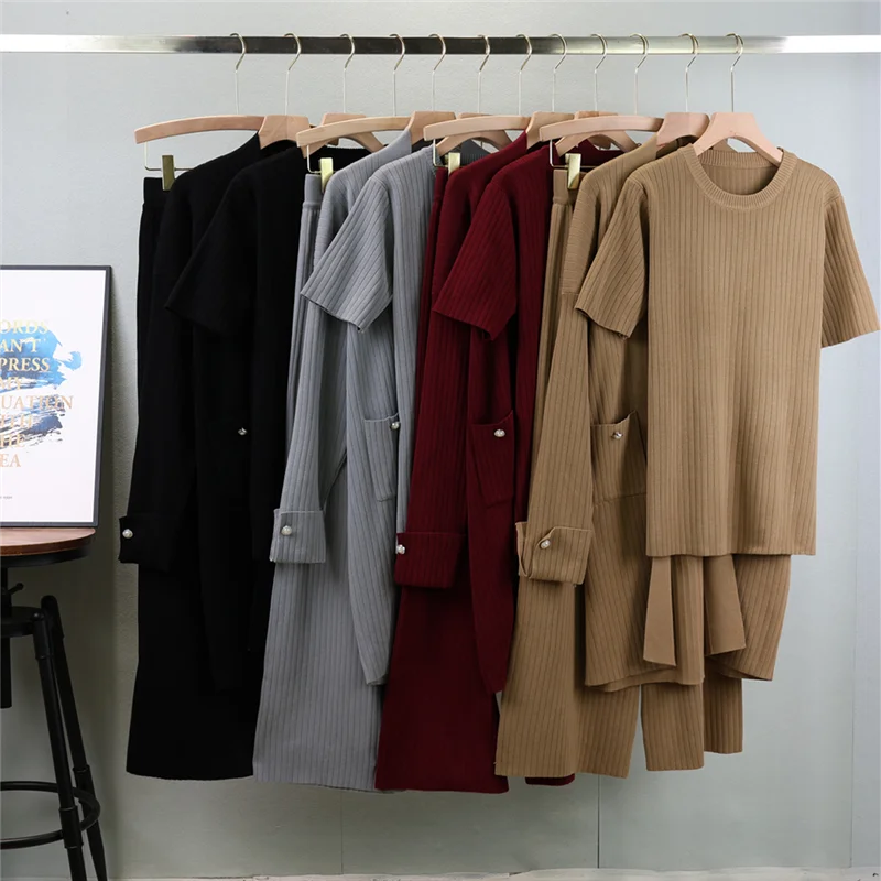 New Autumn Winter Women Knitted Three Piece Set Long Cardigan Sweater + Short Sleeved Tops And Wide Leg Pants Fashion Elegant