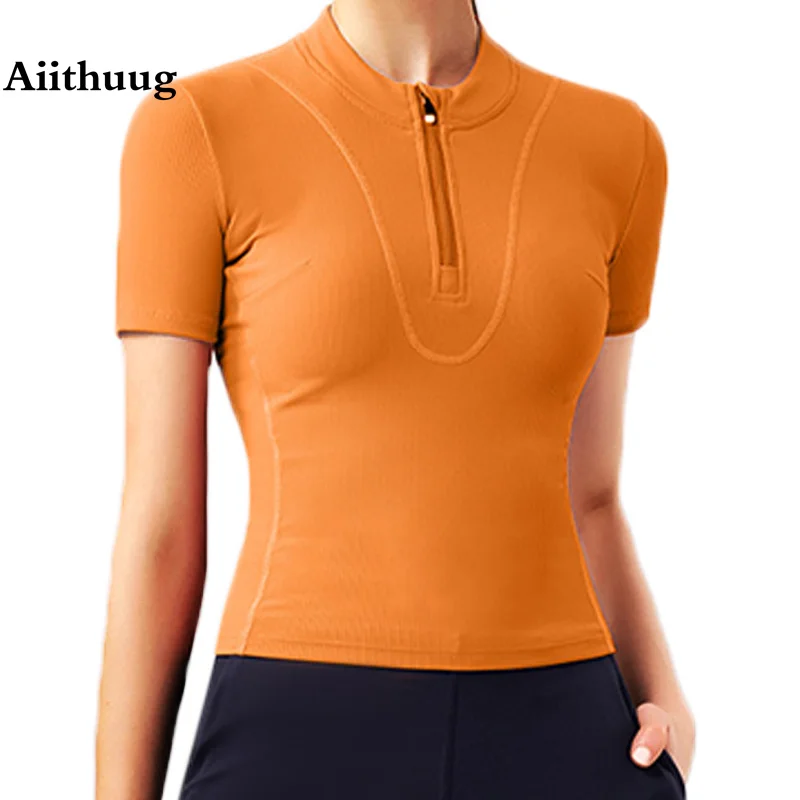 Aiithuug Women Slim Fit Gym Shirts Half Zip Workout Tops Quarter Zip Fitness Shirt Running Quicky Dry Short Sleeve Yoga Tops