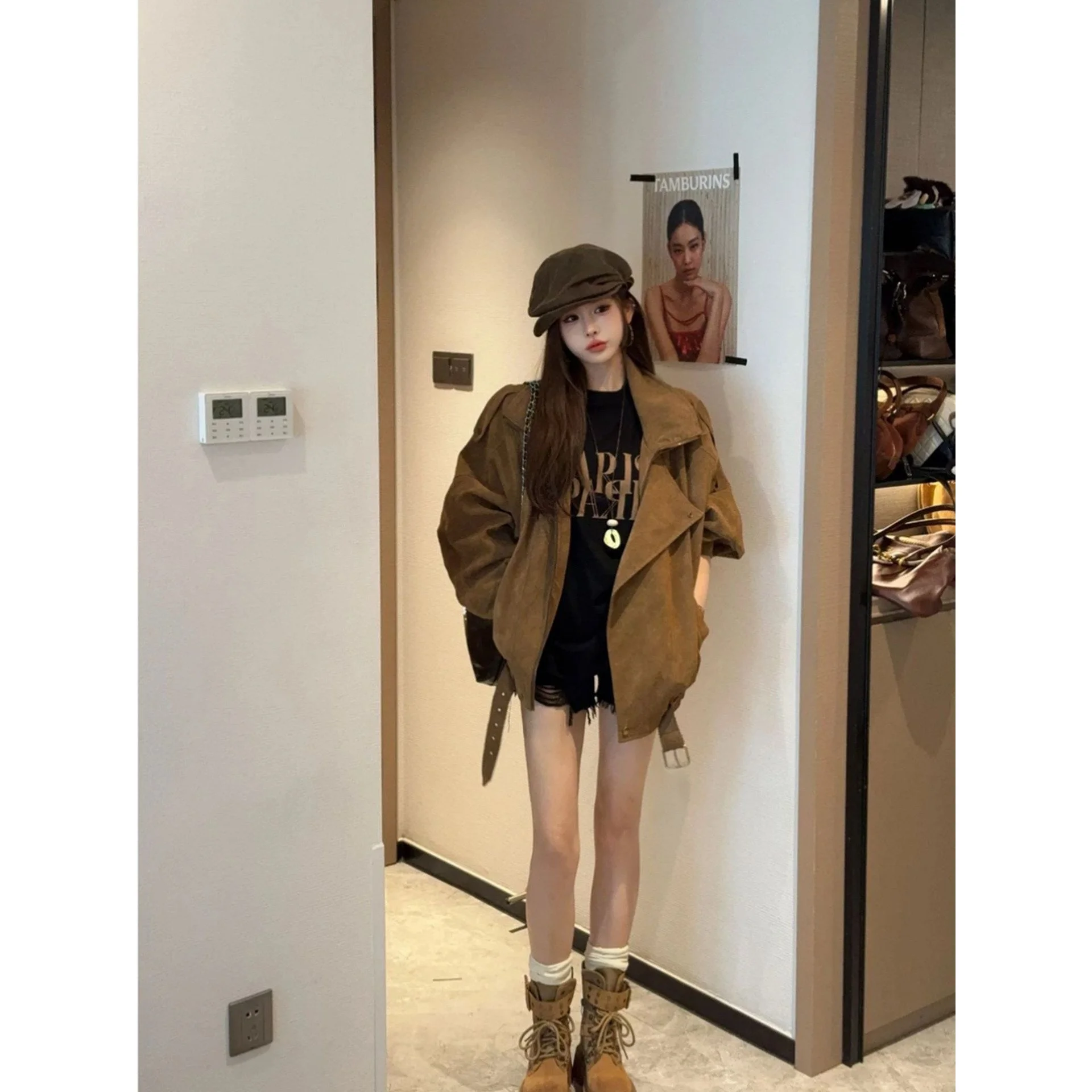 Retro Suede Motorcycle Jacket Women's Loose Casual Lapel Workwear Style Top Spring Fashion Outerwear Ladies' Coat