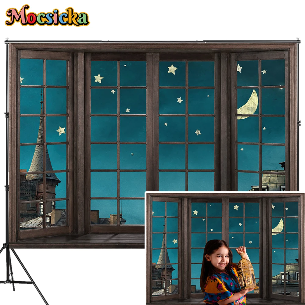 Mocsicka Night Window Scenery Photography Decoration Backdrop Starry Windowsill Background Kids Adult Portrait Photo Studio Prop