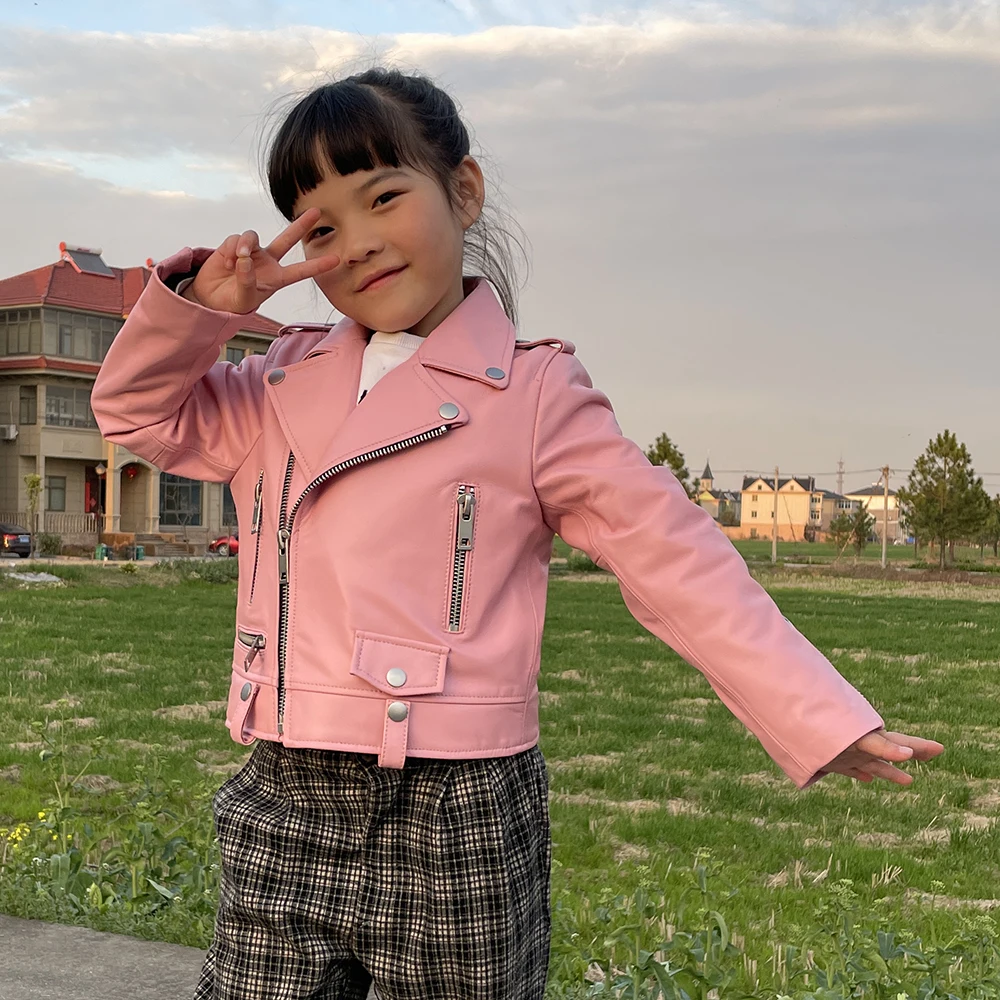 New Design Children Girls Boys Motorcycle Leather Jacket Windproof Spring Fall Zip Up Custom Genuine Leather Jackets For Kids