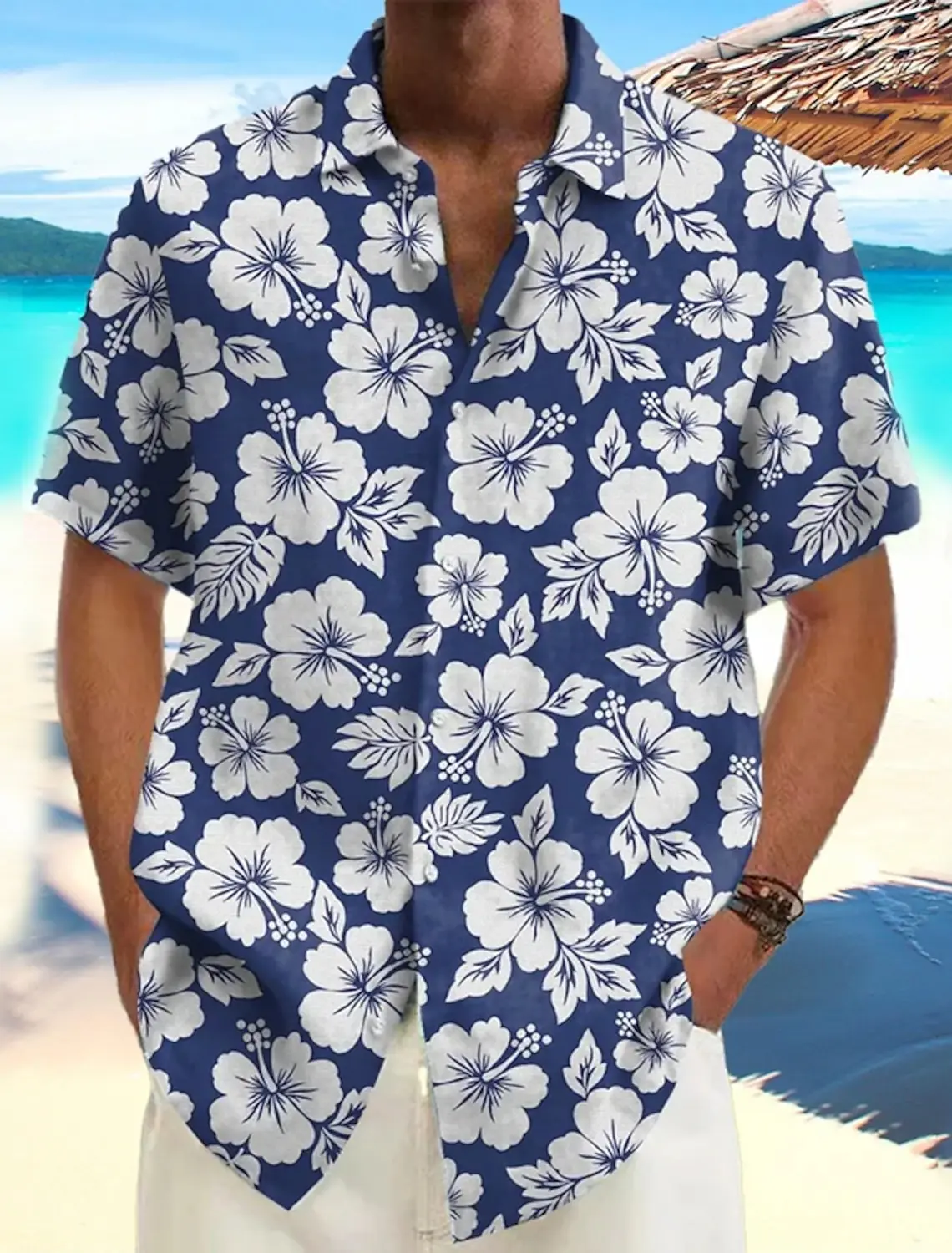 Camisa havaiana masculina, camisa casual, camisa de praia, manga curta, flor, plantas, lapela, roupas havaianas de férias, vestuário, verão