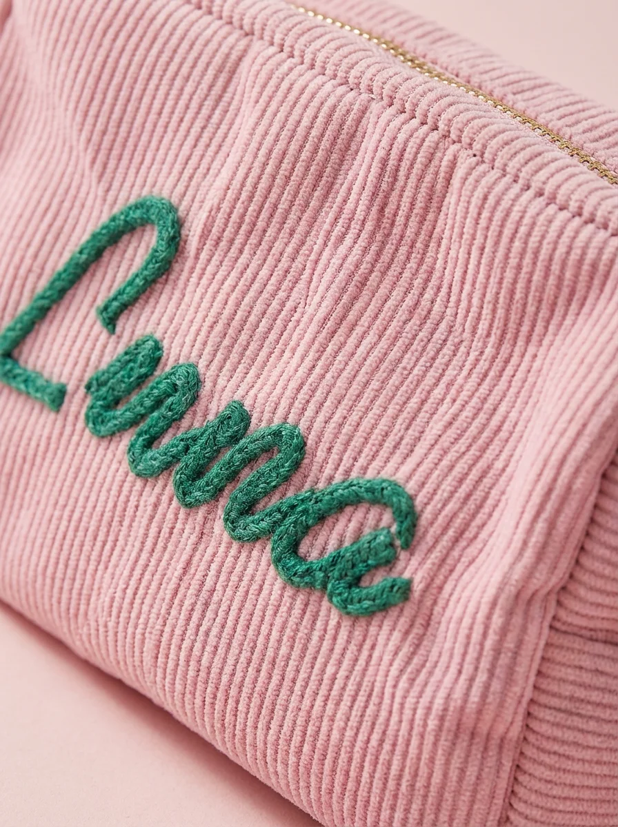 Personalized Name Rope Embroidered Corduroy Makeup Bag, Zipper Cosmetic Pouch, Travel Beauty Organizer Gift for Women Girls