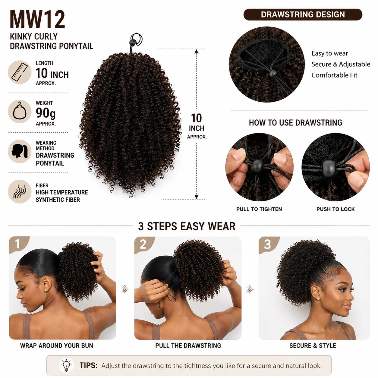 Kinky Curly Drawstring Pferdeschwanz Afro Puff Haarverlängerung Synthetische Krause Textur Hochtemperaturfaser Natürlicher Look für Schwarze Frauen – Detail 2