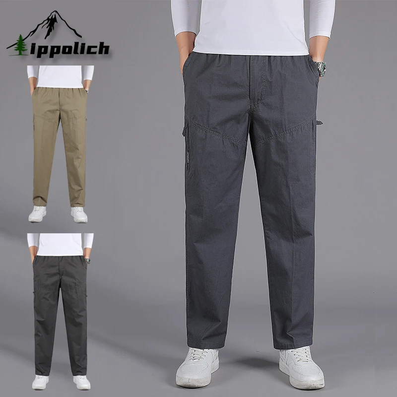 

IPPOLICH Men's Street Casual Pants Spring Pocket Solid Color Windproof Straight Trousers Autumn Men Outdoor Stylish Work Pants