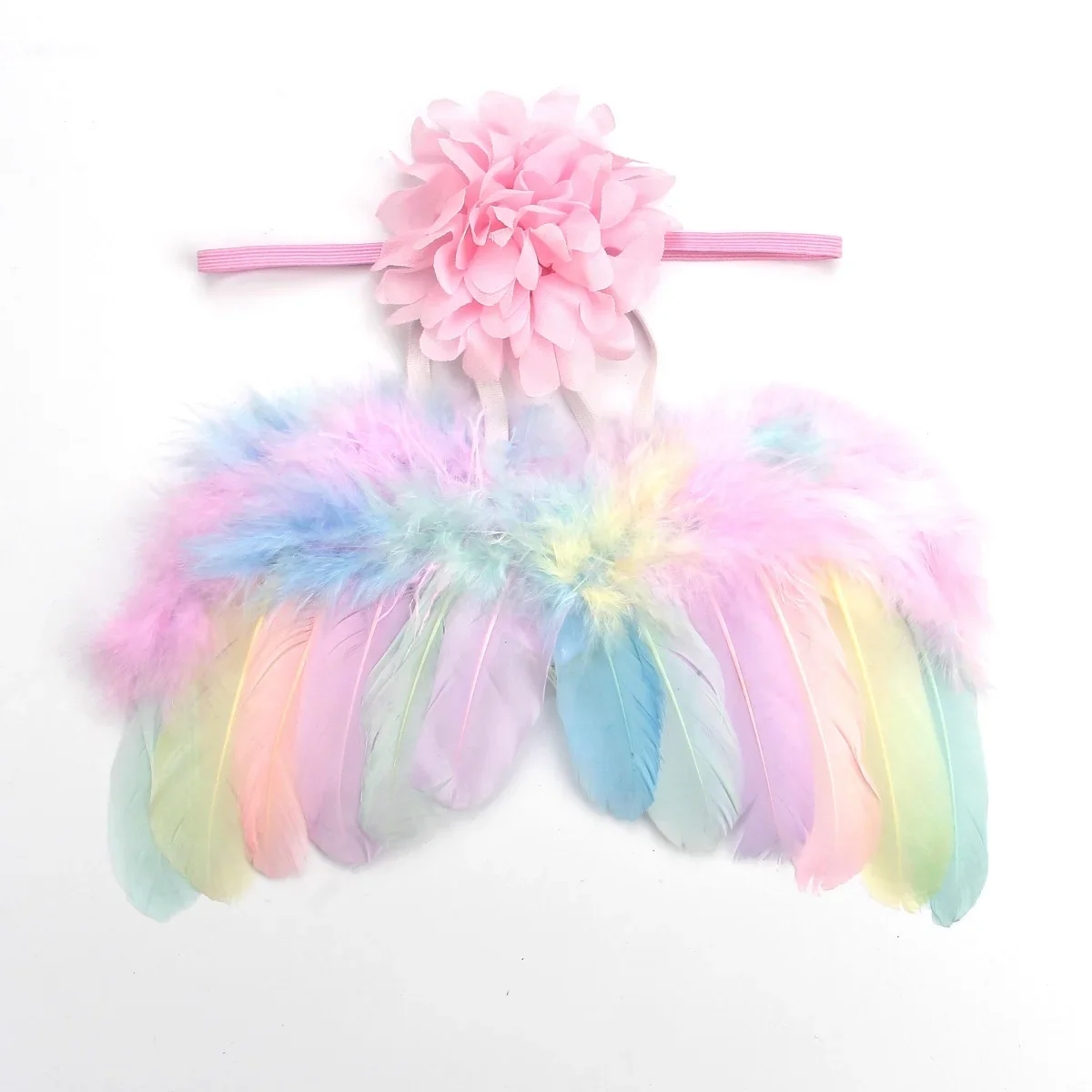 New 2pcs/set Soft Angel Feather Wing with Chiffon Flower Headband for Baby Girls Photo Props Newborn Birthday Party Decor Gifts