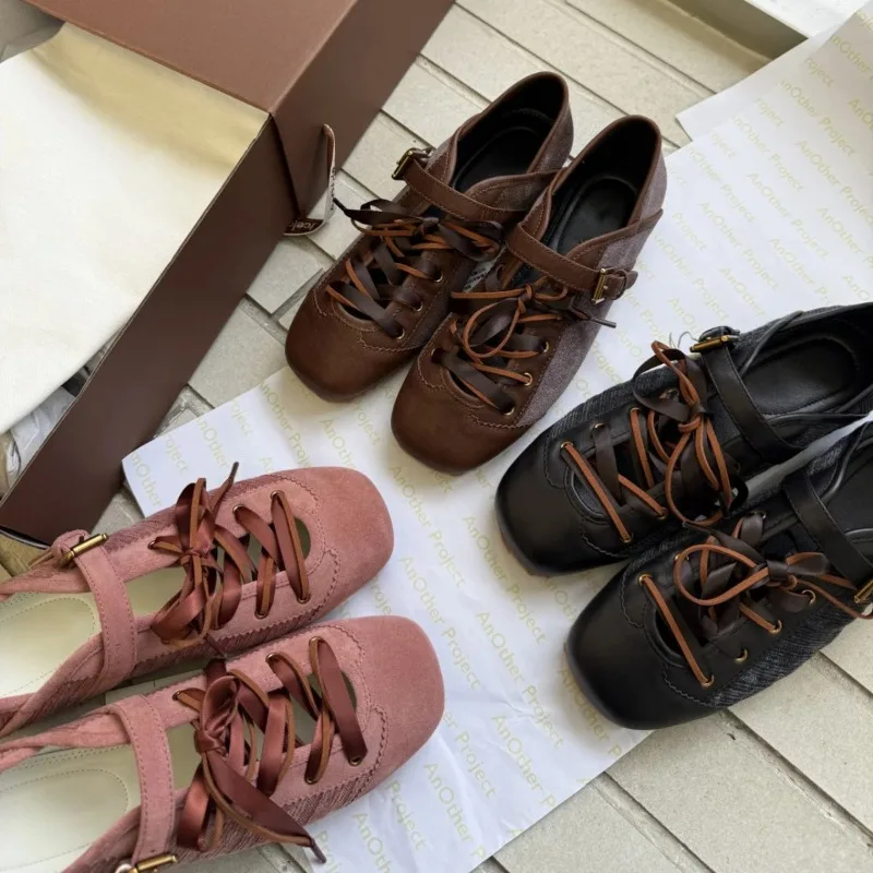 

High Quality Shallow Lace-Up Ballet Shoes 2026 Women's Genuine Leather Round Head Ribbon Flats Training Shoes Zapatos Casuales