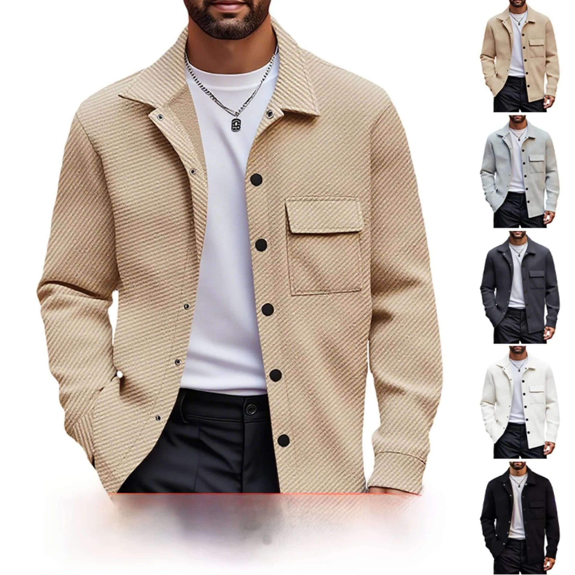 

Slim Fit Casual Men's Long Sleeve Jacket Autumn Cross-Border Heavyweight Twill Button Pure Color Stand Collar PU Material