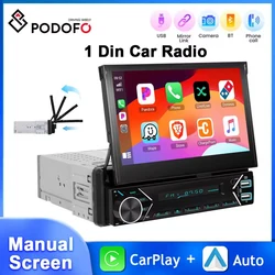 Podofo 7'' 1Din Automatic Retractable Screen Car Radio Carplay Android Auto MP5 Player Steering Wheel Control DAB+ Car Stereo