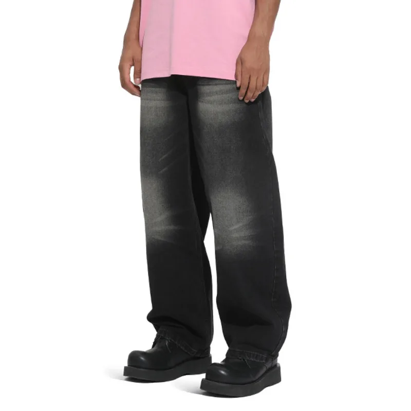 Four season new men's Korean version cat beard distressed white wide leg curved knife versatile loose washed denim jeans