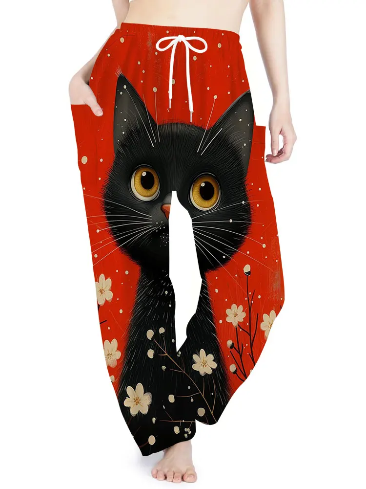 Summer Fall Ladies Bohemian Holiday Pants Bohemian Print Pants Casual Fashion Avant-garde Card Fashion Pants Cat Print