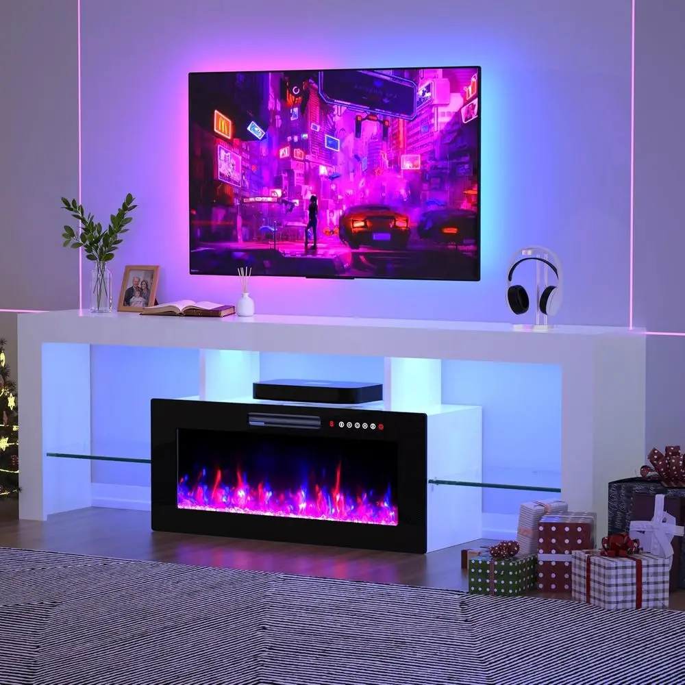 

White 36 ireplace TV Stand, 70 Glossy Entertainment Unit with LED Lights & Color Flame, Fits TVs to 80